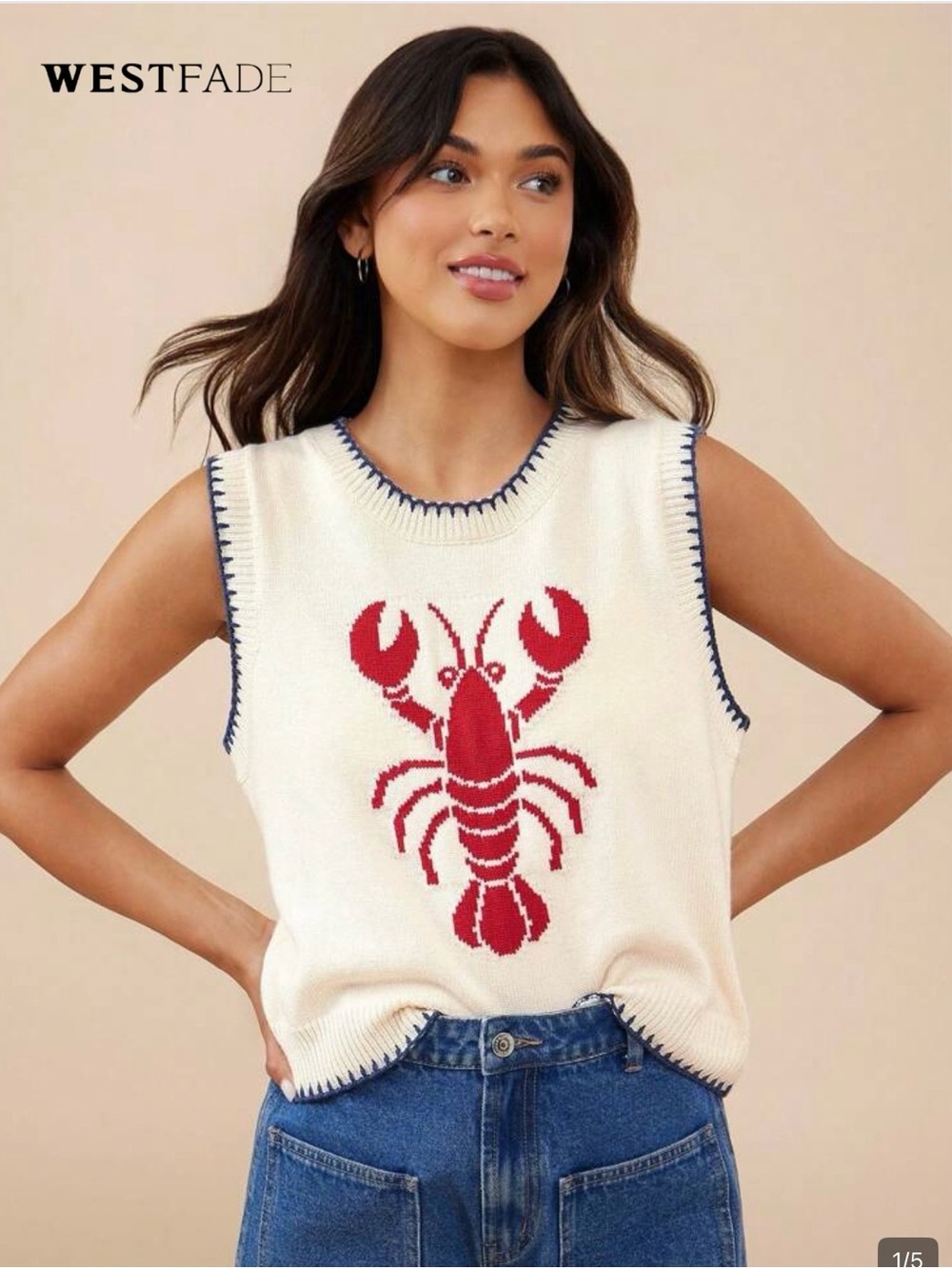 NWOT Cream Knit Muscle Tank with Red Lobster Motif, Various Sizes